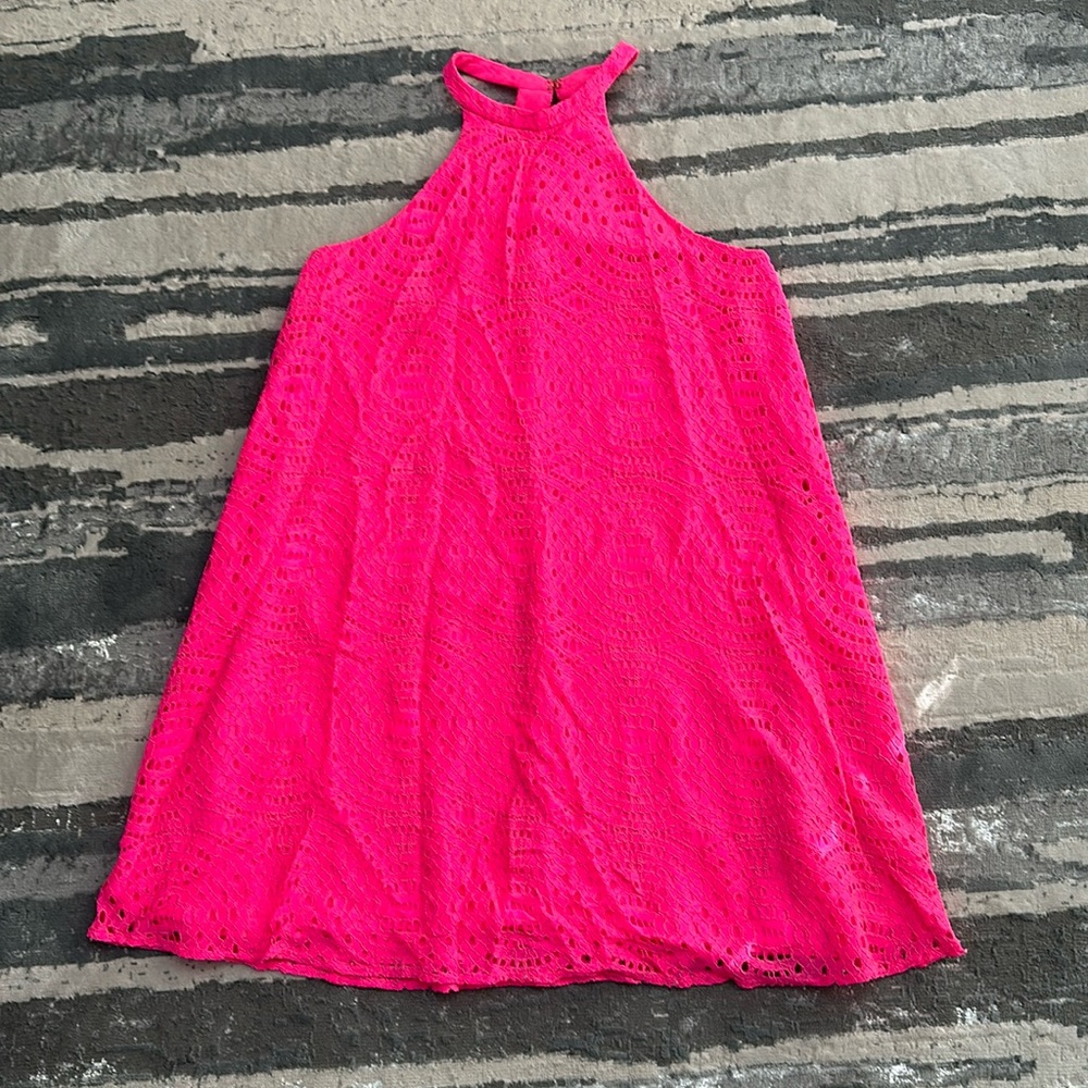 Lilly Pulitzer neon pink lace a line swing high neck dress size Medium